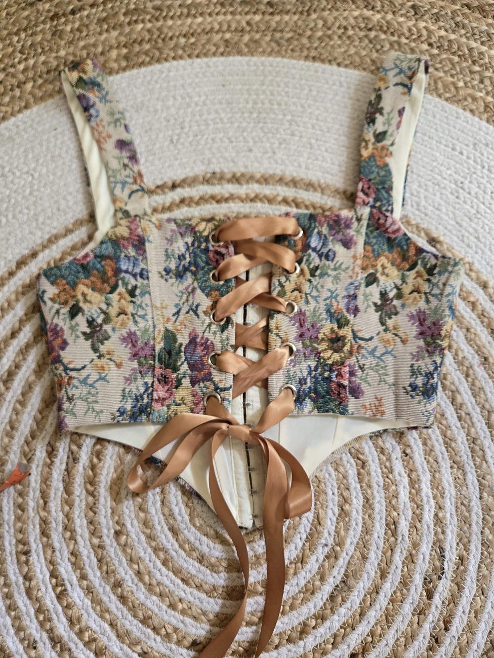 Floral Brocade Cropped Corset Tank Top Victorian Cottagecore Fairycore - Picture 5 of 16